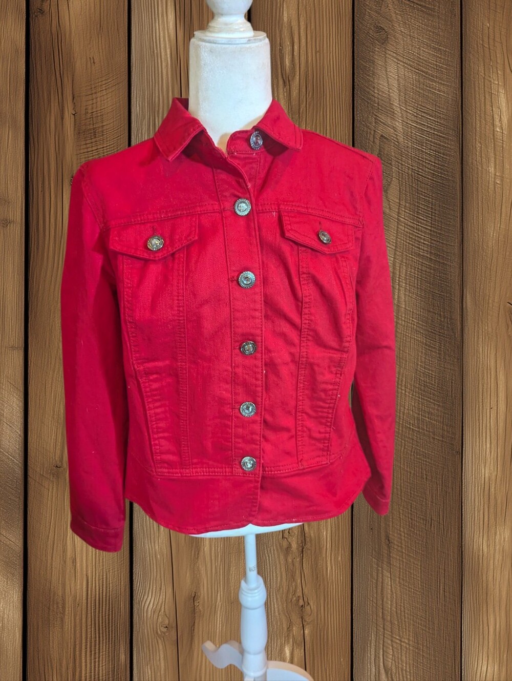 Christopher & Banks Red Cotton Trucker Jacket Rhinestone Bling Buttons Sz M